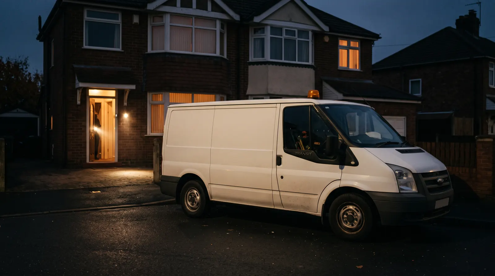Electrician's van with amber beacon outside a house at dusk